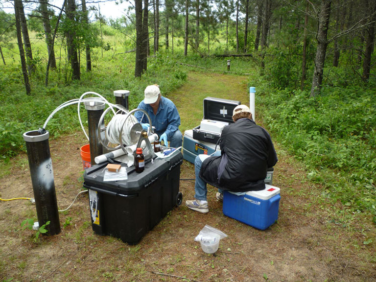 USGS scientists collecting water-qualty samples from observation wells